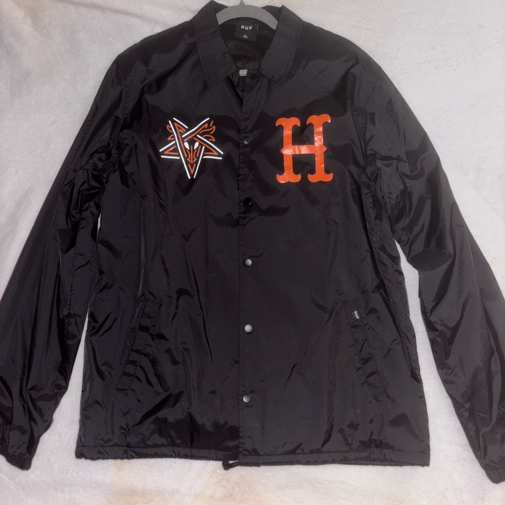 Thrasher x HUF Black and Orange Varsity Bomber Jacket
